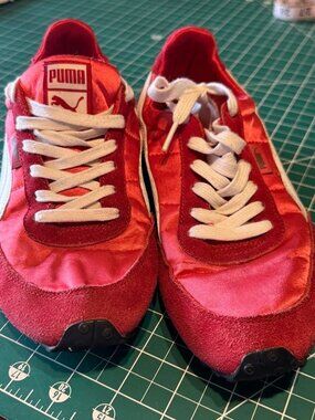 Puma Red Suede Satin Sneakers White Accents Lace-Up Womens Casual Size 8 Retro